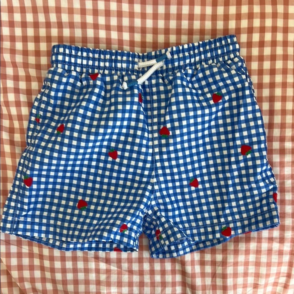 Baby Boden blue swim with red strawberries